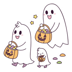 Three cute ghosts trick or treating with candy baskets