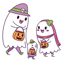 Three cute ghosts trick or treating with pumpkin buckets
