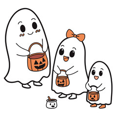 Three cute ghosts trick or treating with pumpkin buckets 1