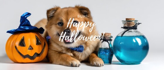 Adorable dog with Halloween pumpkin and potion bottles, wearing a blue bow tie Festive pet portrait for spooky season, celebrating Halloween with a cute puppy and magical decorations