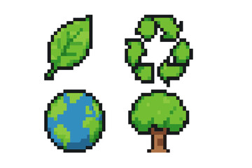 Pixel art environment icon set. 8-bit retro gaming style vector. Collection of ecology symbols: leaf, recycle sign, planet Earth, tree. Concept for nature, sustainability.