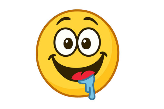 Hungry emoticon character salivating. Vector emoji smiley face icon drooling with anticipation. Yummy food craving concept. Delicious meal appetite symbol. Cartoon illustration.