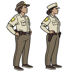 Two police officers in uniform standing against white background