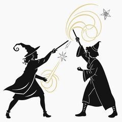 Two witches casting spells at each other with magic wands