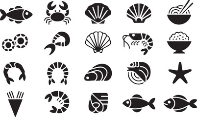 Marine food vector symbols including shrimp, crab, shells, and fish graphics