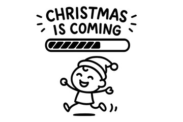 Christmas is coming loading bar. Progress bar. Funny doodle character running in Santa hat. Holiday season countdown. Xmas waiting concept. New Year is coming soon vector.