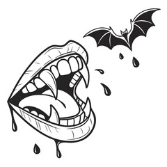 Vampire mouth with fangs and dripping blood and flying bat