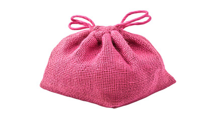 Pink burlap sack, isolated on white background.