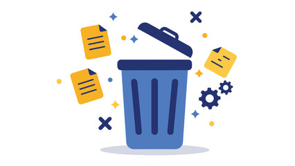 Trash can with documents symbolizing removal and system cleanup