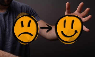 Illustrates emotional transition from sad to happy, signifying well-being, growth, positive change....