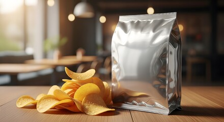 Crispy golden potato chips spill from a sleek silver packaging, ready for delightful snacking moments, perfect for advertising and promotion.