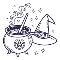 Witch cauldron with bubbling potion and hat vector illustration