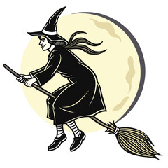 Witch flying on broomstick against pale yellow full moon
