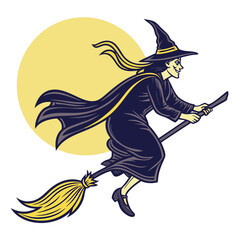Witch flying on broomstick against yellow moon vector illustration