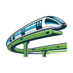 Curved monorail line, elevated green pylons, modern public transit, sustainable city travel, infrastructure illustration, contemporary vector artwork