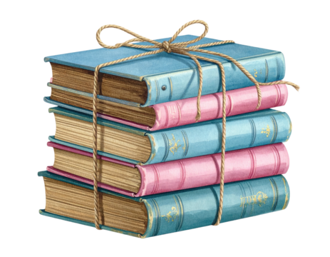 Stacked books bound with twine, featuring blue and pink covers, a vintage feel