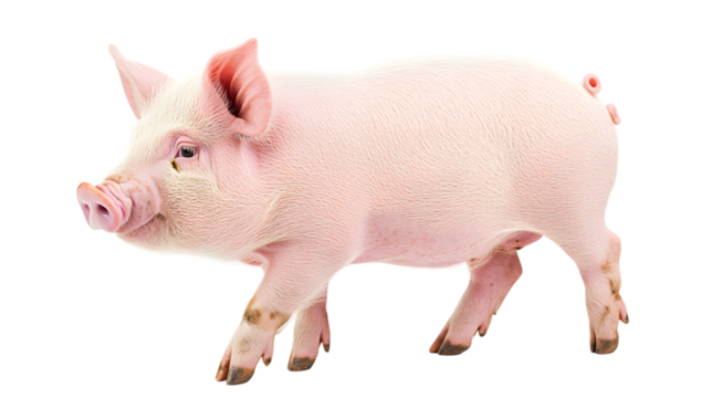 Adorable pink piglet standing sweetly, isolated on white background.