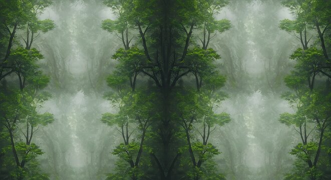 Dense green forest with trees and mist creating a symmetrical pattern