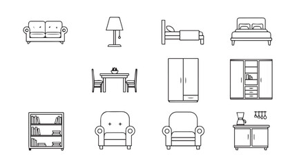 Collection of sketchy furniture icons for interior design and home decor concepts vector