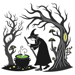 Witch stirring green potion in spooky forest with glowing mushrooms