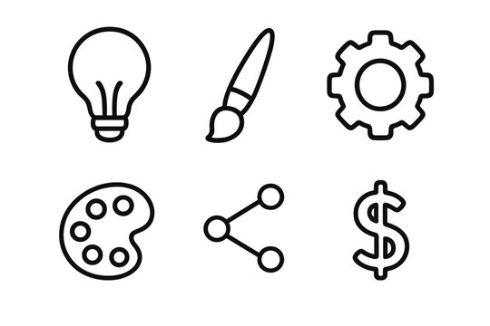 Metaphor monetization of creative idea. From creativity to money. Process icon set with lightbulb, gear, paintbrush, palette, share symbol and dollar sign. Business concept.