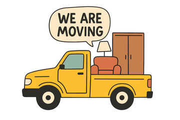 We are moving. Pickup truck loaded with furniture for relocation. Flat vector illustration of a new home concept. Transport service for hauling an armchair, lamp, and cupboard.