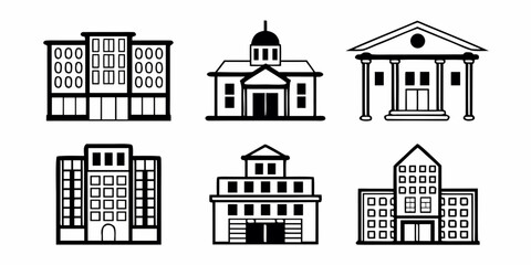 Illustration of six different black and white building structures with varying architectural styles
