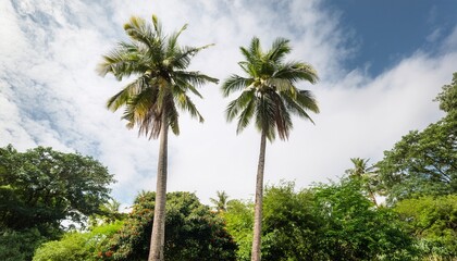 Fototapeta premium Two Tall Vibrant Palm Trees Surrounded By Lush Green Foliage Against A Bright White Sky Creating A Tropical And Serene Atmosphere