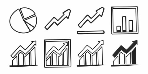 Hand drawn business charts and graphs showing progress and growth in a variety of different styles