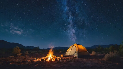Camping fire under the amazing blue starry sky with a lot of shining stars and clouds. Travel recreational outdoor activity concept