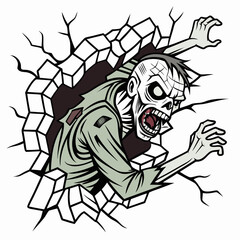 Zombie breaking through a cracked wall illustration