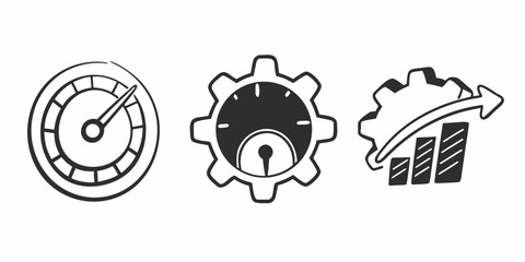 Three performance icons: a speedometer, a gear with a gauge, and a gear with a rising bar graph