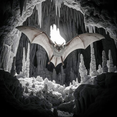 Bat Flying from Moonlit Cave with Stalactites