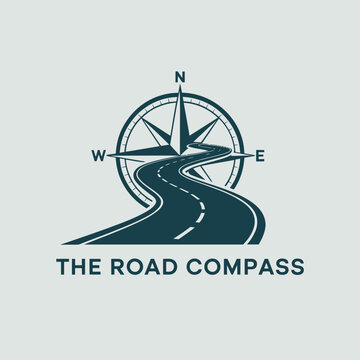 Road compass logo, directional navigation emblem, curved highway perspective, journey planning concept, travel agency branding, modern vector graphic