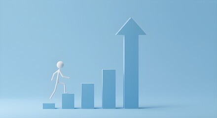 Minimalist Growth Illustration: 3D Stick Figure Climbing Success Blocks