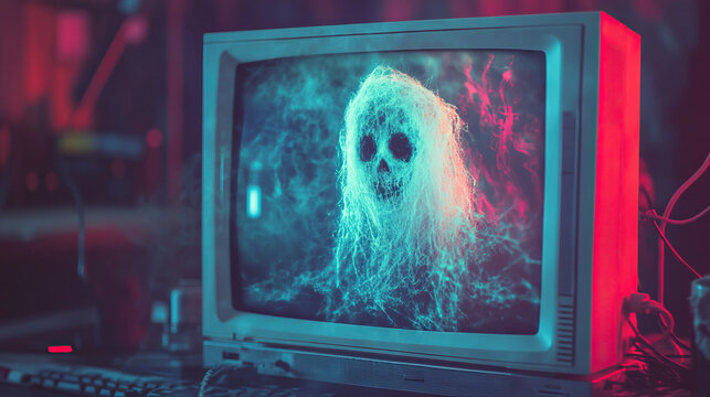 Glitchy, translucent digital ghost trapped inside an old CRT computer monitor