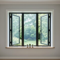 Fototapeta premium MODERN BLACK ALUMINUM WINDOW VIEW TO LUSH GREEN GARDEN