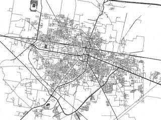 Naklejka premium Illustrated city map of Shekhupura, Pakistan, in black and white, showing roads and textures.