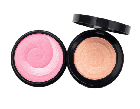 Overhead view of two open compacts with swirls of blush and highlighter