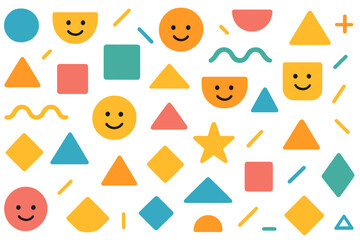 Geometric cheerful shapes pattern with cute smiley faces. Seamless vector background with colorful basic forms. Abstract modern flat design for kids. Happy emoticon texture.