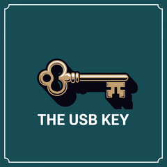Vintage key with USB connector, digital security logo, data storage access symbol, elegant tech branding vector