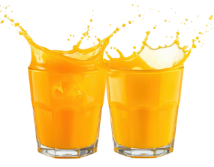 Two glasses of vibrant, splashing juice with bright orange hues