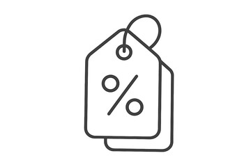 Minimalist linear stroke icon of discount tags with percentage sign, thin line vector symbol for shopping, sale, price reduction, retail promotion, special offer, transparent background