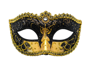 A decorative Venetian mask, black lace and gold accents