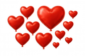 Floating red heart balloons in various sizes and shapes, symbolizing love, romance, and celebration, on a transparent background