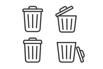 Trash bin icon set. Wastebasket silhouette vector. Minimal editable stroke. Garbage can line symbols for UI, apps, placards, web, cards, book design. Open lid, closed lid, empty bin, vector isolated.