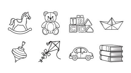 Collection of hand drawn sketch style toys and books icons isolated on vector