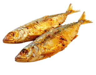 Two grilled whole fish with golden, crispy skin, ready to be eaten