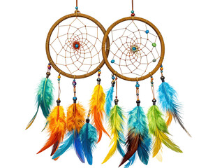 Two ornate dreamcatchers with colorful feathers hang against a stark black backdrop