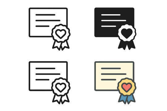 Certificate icon with heart badge, award ribbon, official recognition, diploma, appreciation, vector illustration set in four unique styles for achievement, honor, success, transparent background